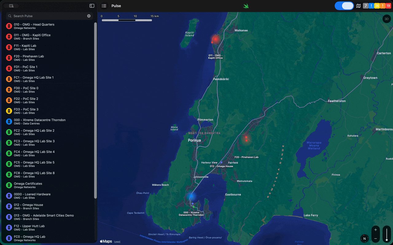 Pulse showing Omega sites on a map of the Wellington region, with a list of sites and their status