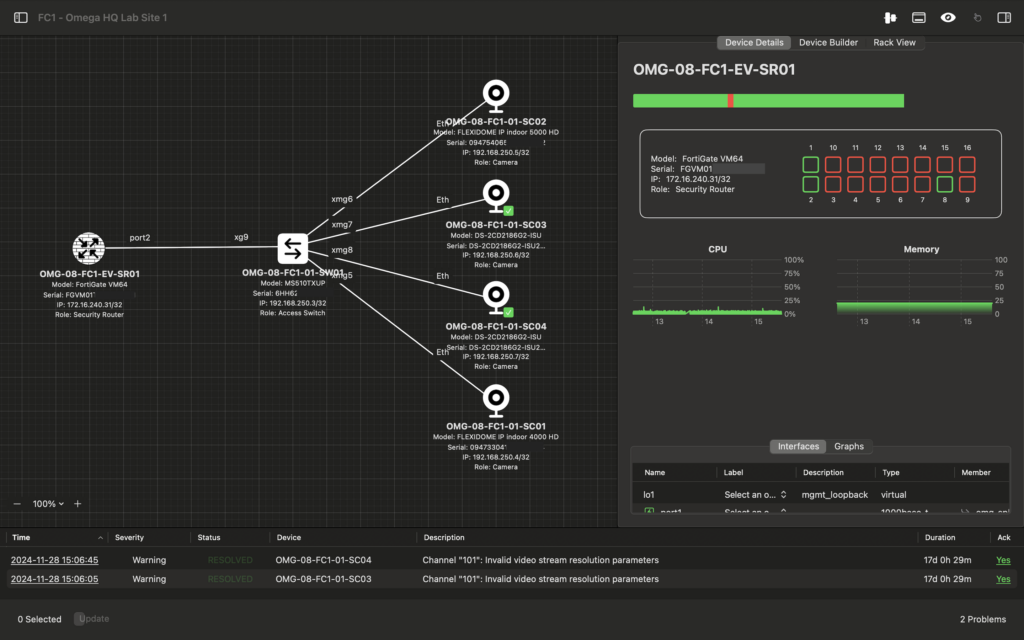 Detailed network topology with real-time device monitoring and performance metrics